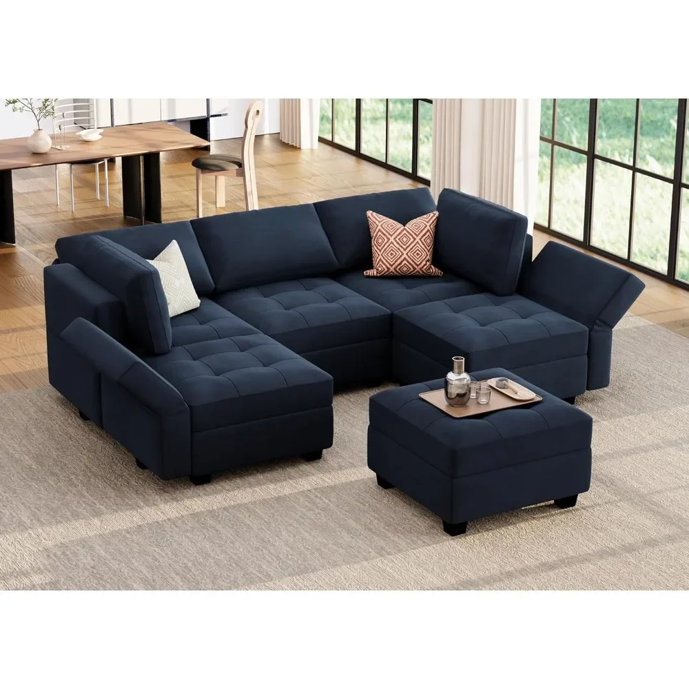 Modular Sectional Sofa with Chaise Velvet Sectional Couch with Storage 6 Seats Convertible Modular Sofa for Living Room Blue