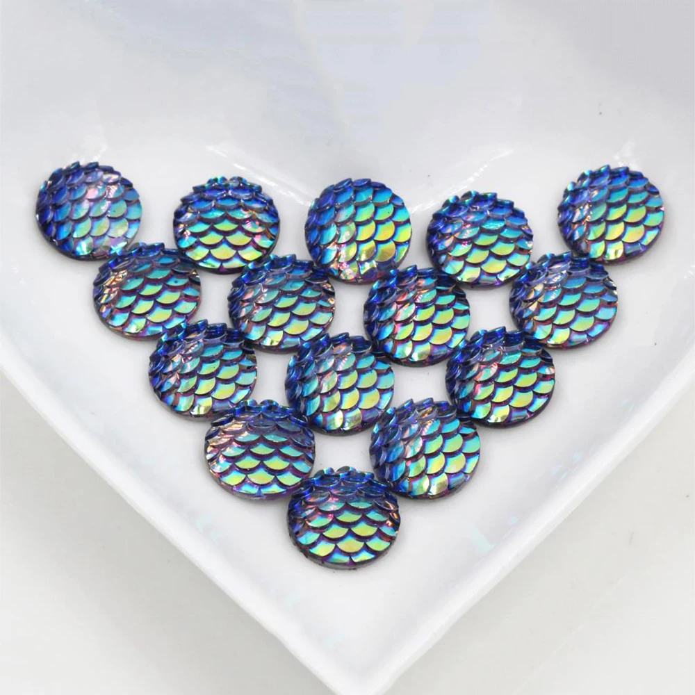 40pcs 8mm 10mm 12mm Mix Colors Mermaid Fish Scale Flat back Rhinestone Round Cabochon Embellishment Scrapbooking DIY Crafts