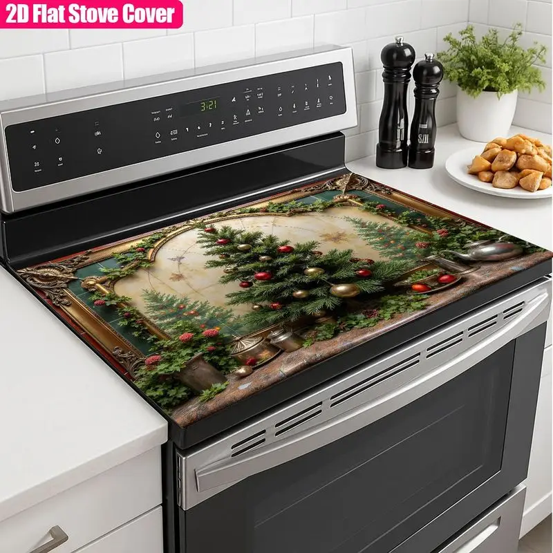VIKAMA Christmas Tree Stove Cover Mat Flannel Non Slip Absorbent Dish Drying Pad Vintage Gold Frame Pattern Kitchen Placemat