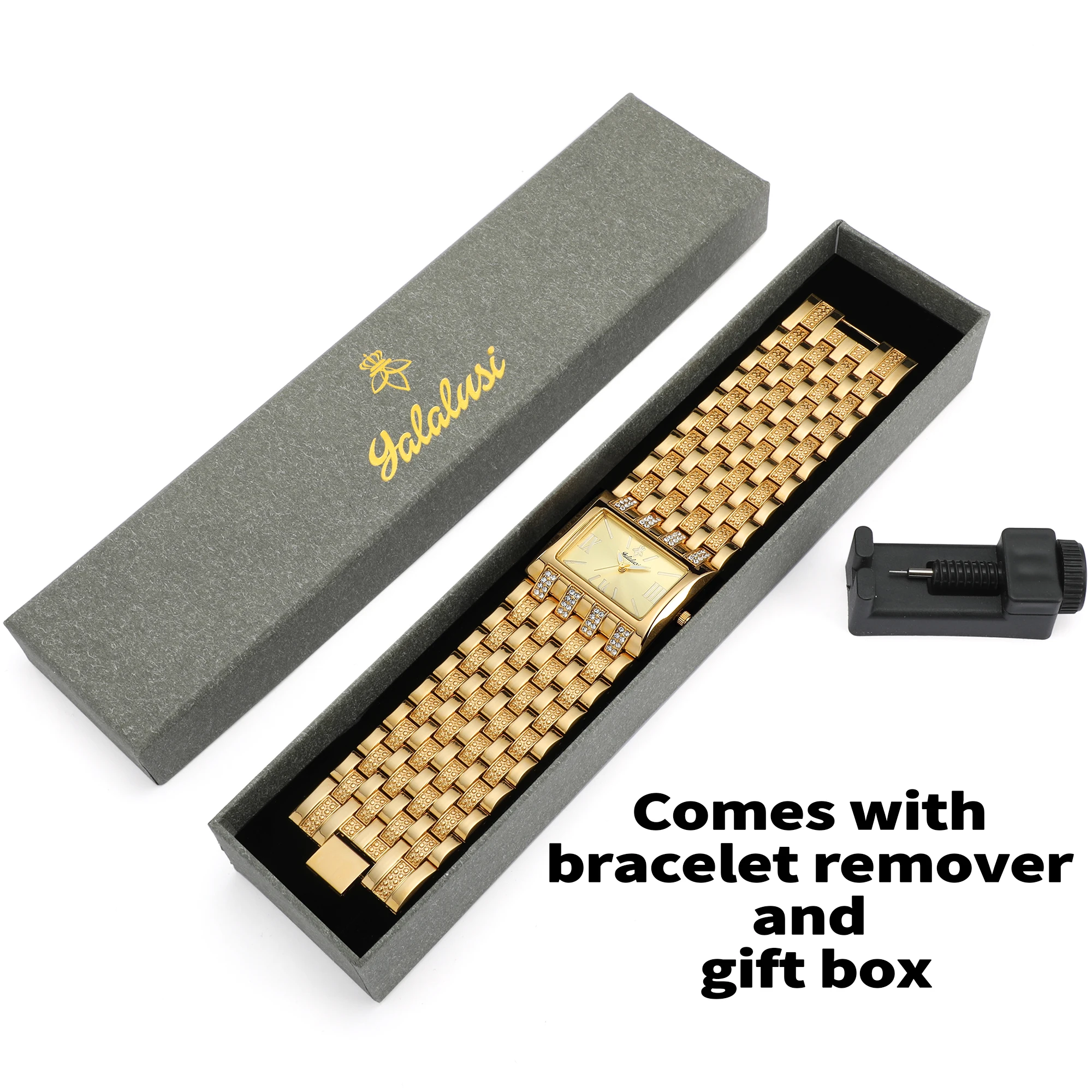 YaLaLuSi Luxury All Gold Square Women Quartz Watch YaLaLuSi Sparkling Crystal Band Textured Links Golden Dial Elegant Statement Jewelry Wrist Watch Gift for Her Party Wedding