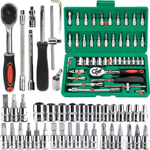 46 Uds herramientas familiares 1/4 Juego de herramientas mecánicas para reparación de automóviles Hous con enchufes juego de brocas hexagonales métricas llave de trinquete de pulgadas