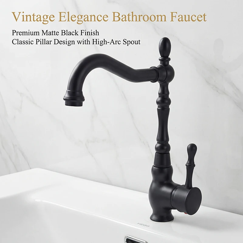 Matte Black Bathroom Faucet, Solid Brass Vintage Single Handle Basin Mixer Tap, Deck Mount Hot Cold Water Lavatory Faucet for Fa