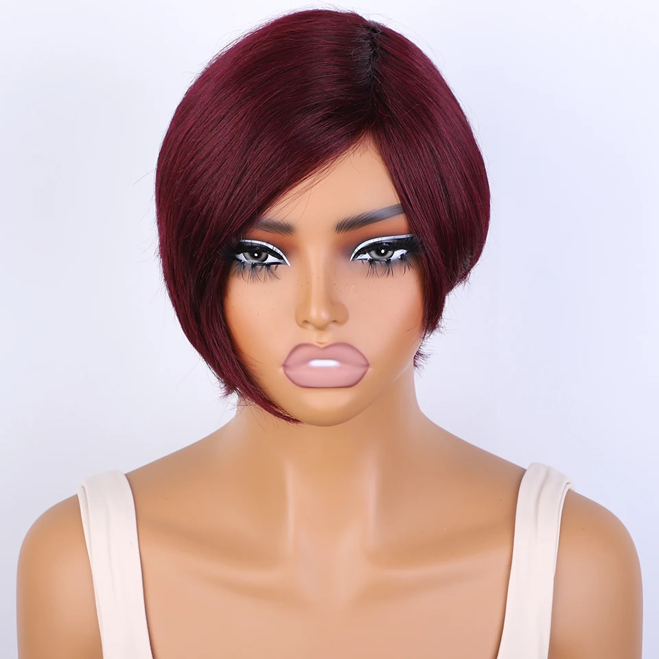 Lekker Burg Red Short Pixie Cut 100% Human Hair Wigs For Women Brazilian Remy Hair Full Machine Made Straight Colored Bob Wigs