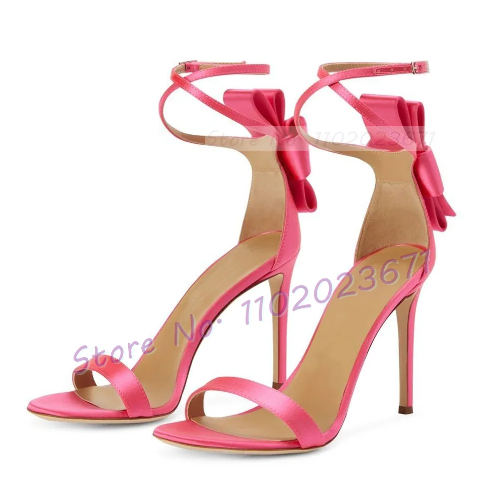 Pink Lovely Bowknots Satin Sandals Women Elegant High Heels Cross Strap Nude Dress Shoes Ladies Buckle Strap Summer New Sandals