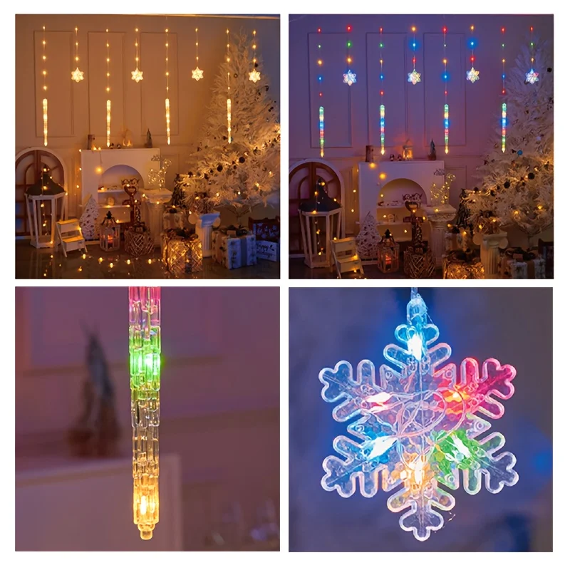 Cortina de luzes LED de floco de neve com sincelo de Natal para ambientes internos e externos, fonte USB + controle remoto, 8 modos de luz, fácil plug-and-play
