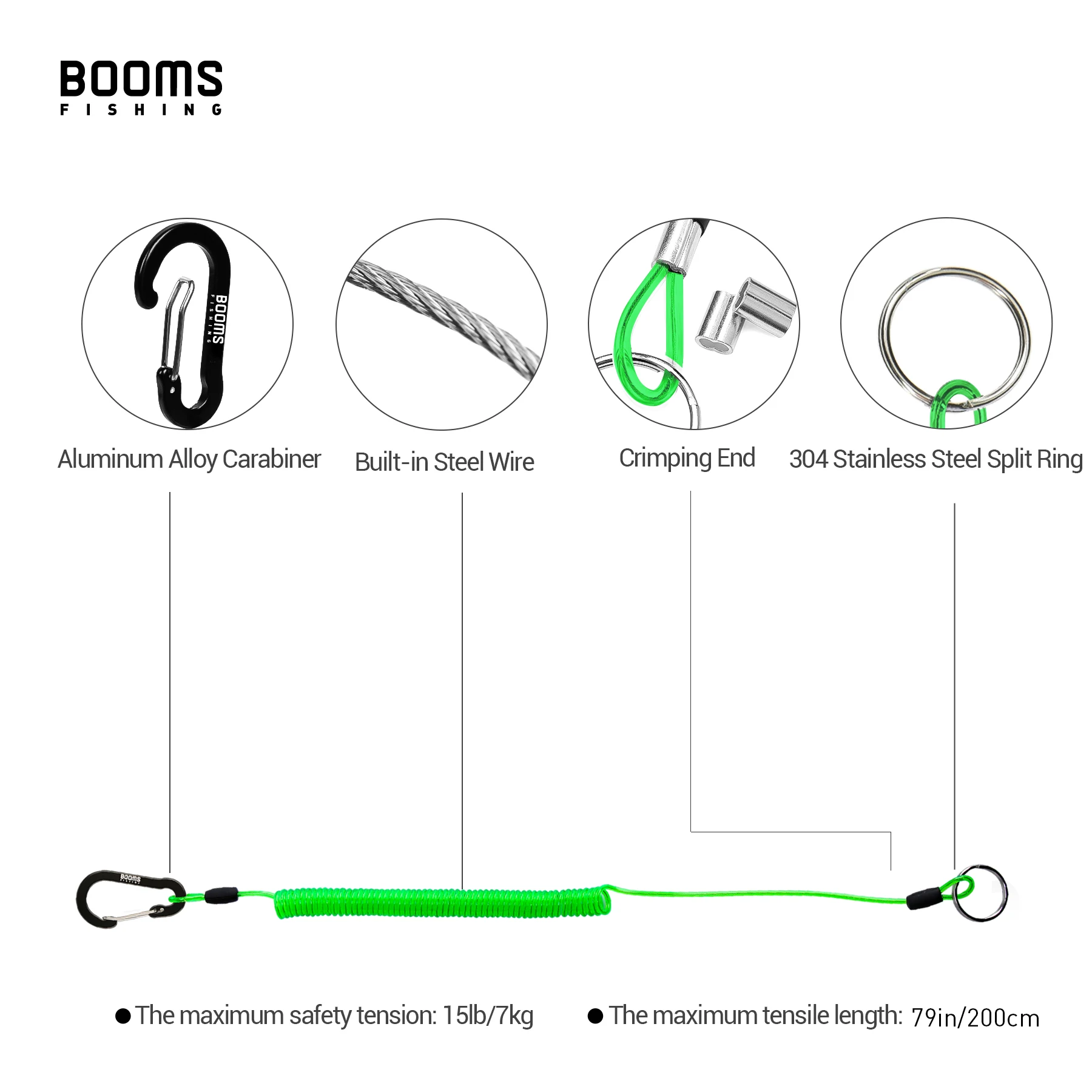 Booms Fishing T01-2PCS 2m Coiled Retention Rope Fishing Lanyards for Fishing Rods and Fly Fishing Nets Fishing Tools Accessories