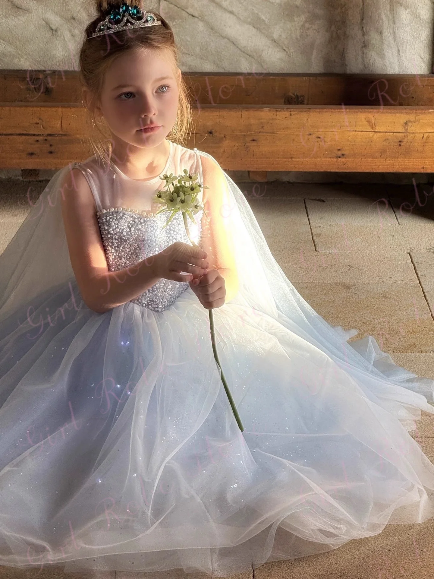 Elegant Princess Sky Blue Flower Girl Dress For Wedding Beaded Glitter Tulle Puffy Shawl Kids Birthday Evening Pageant Ball Gown