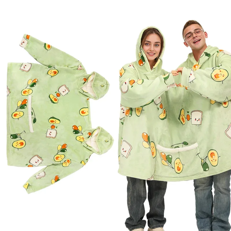 

Avocado Pattern Double Snuddie Popcorn Couple Pairs Pajamas Autumn Winter Plush Hooded Blanket One Size For Adults
