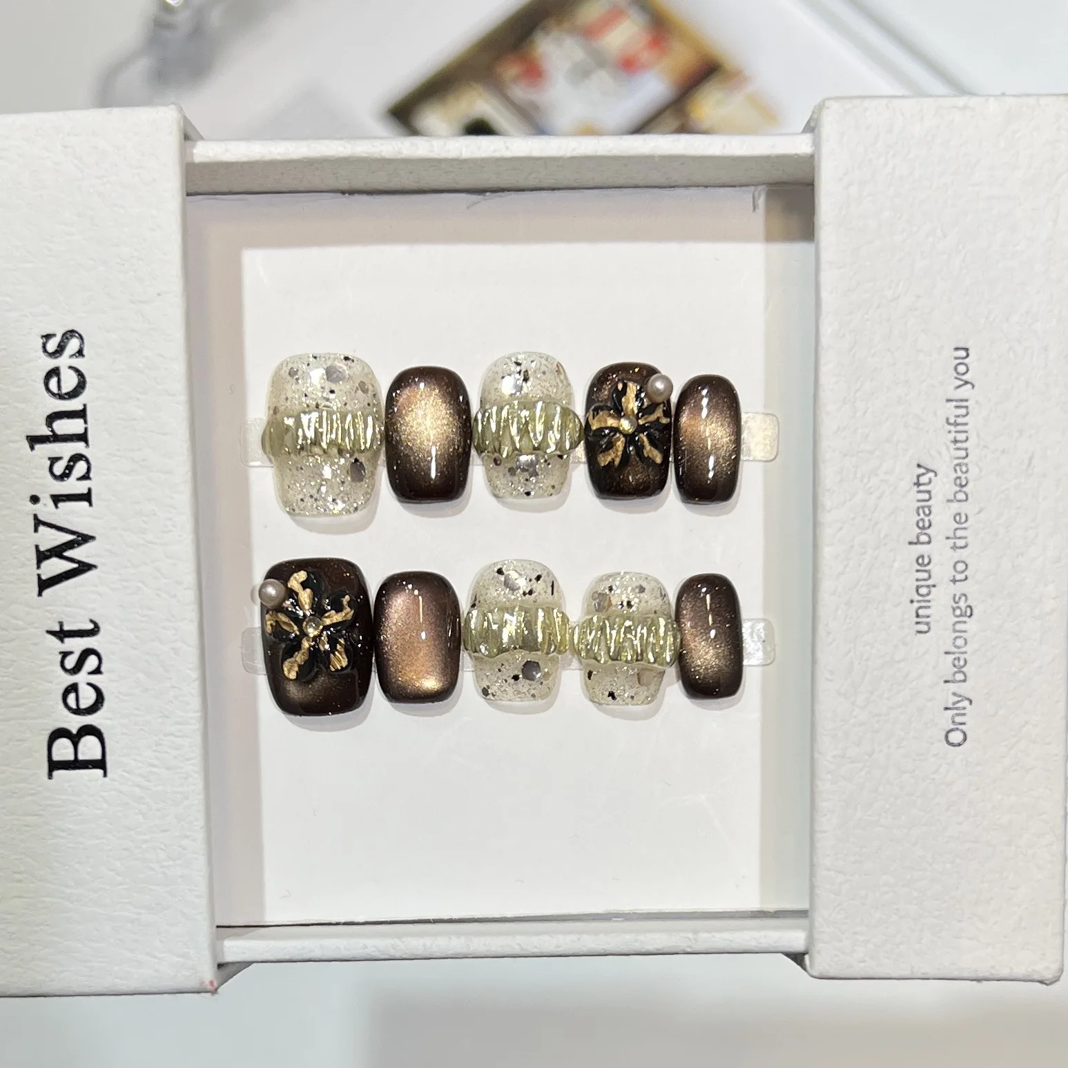 10 Uds. De cuentas de cristal bonitas, ojo de gato, prensa corta en Nail Art, espejo mágico en polvo, diamante de circón, uñas postizas hechas a mano