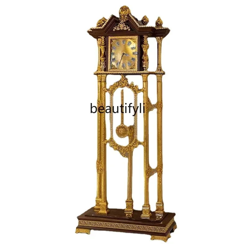 European Style French Mansion Villa Showroom Brown Solid Wood Roof Type Electroplated Gold Luxury the Grandfather Clock