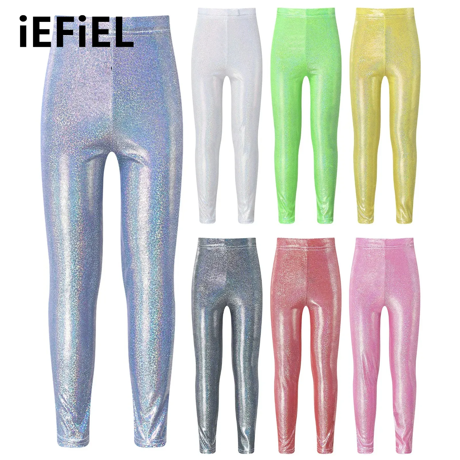 

Kids Girls Metallic Pants Elastic Waistband Skinny Trousers for Dance Party Stage Performance