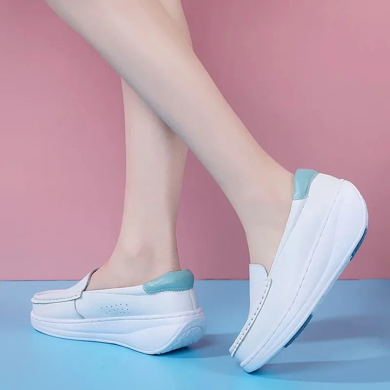 YAERNI-zapatos de trabajo con aumento de muffin para mujer, zapatillas blancas transpirables de boca poco profunda, zapatos informales de cuero