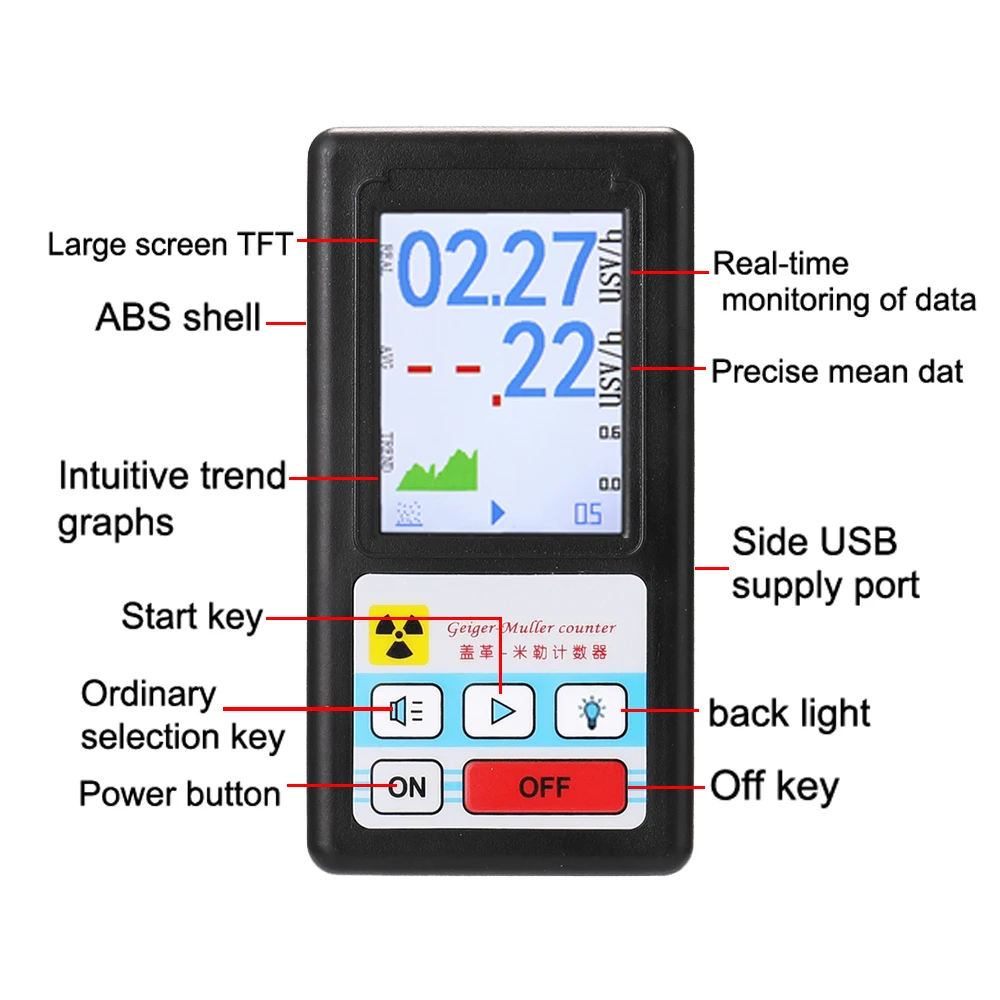 Nuclear Radiation Detector Color Display Screen Geiger Counter Personal Dosimeter Marble Detectors Beta Gamma X-ray Tester