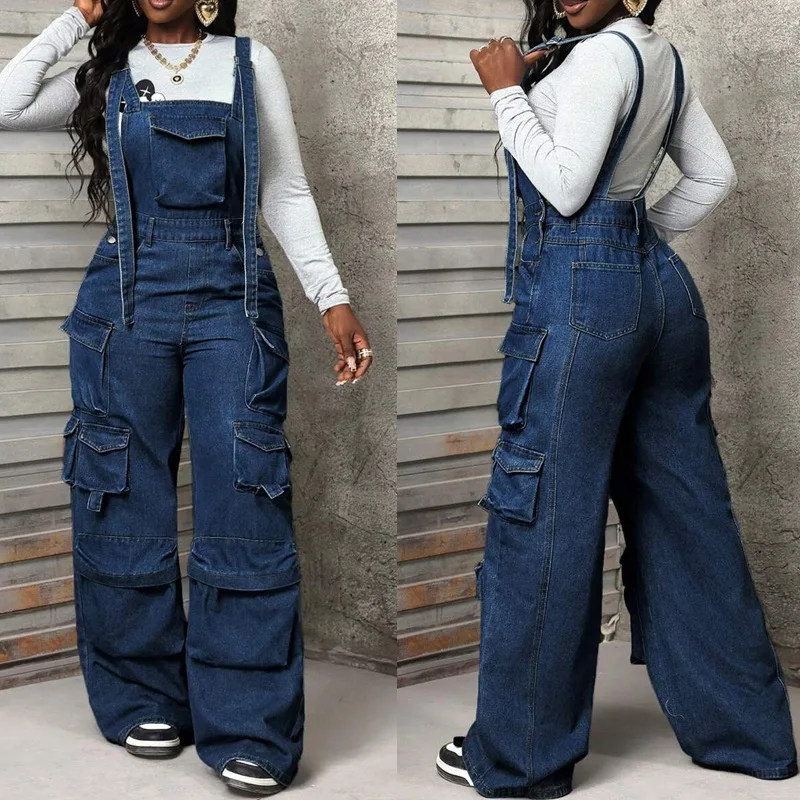 

Women Denim Jumpsuits Solid Rompers Pocket Cinched Waist Full Length Cargo Pants Slight Strech Loose Fit Streetwear 2025 Autumn