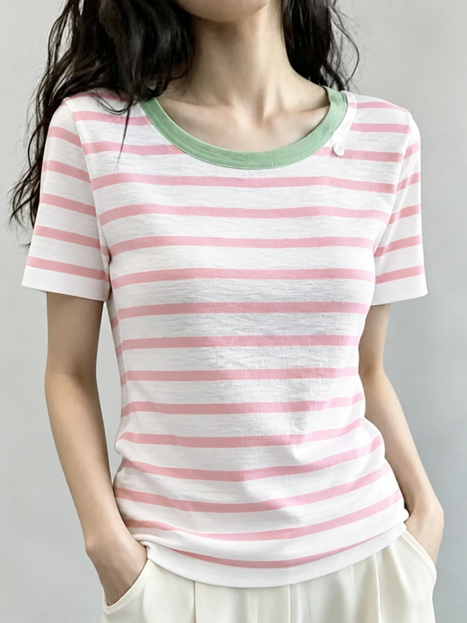 Chic Korean Style Sweet Striped Color Block Design Knitted Sweater Women's Fashionable Top Summer Short Sleeve round Neck