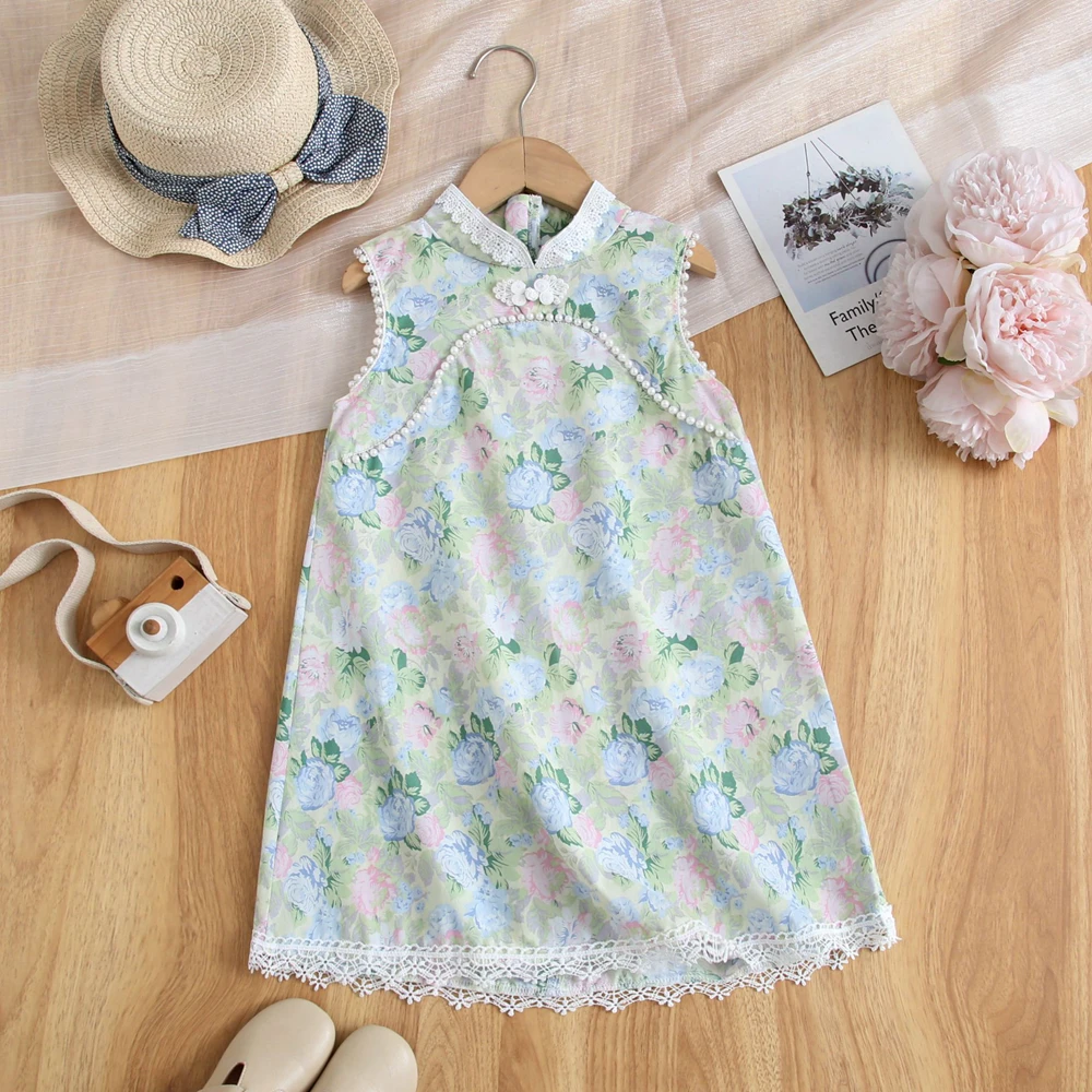 Girls Flower Print Dresses Lace-Trim Small Vertical Collar Beaded Chinese-Style Cheongsam Dress Kids Clothes