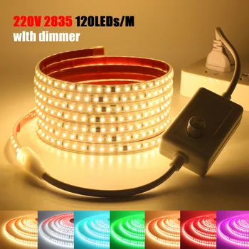 Kit de potencia de atenuador de luz de tira LED regulable 220V 2835 120LEDs cinta Flexible impermeable diodo 220 V voltios iluminación de alto brillo
