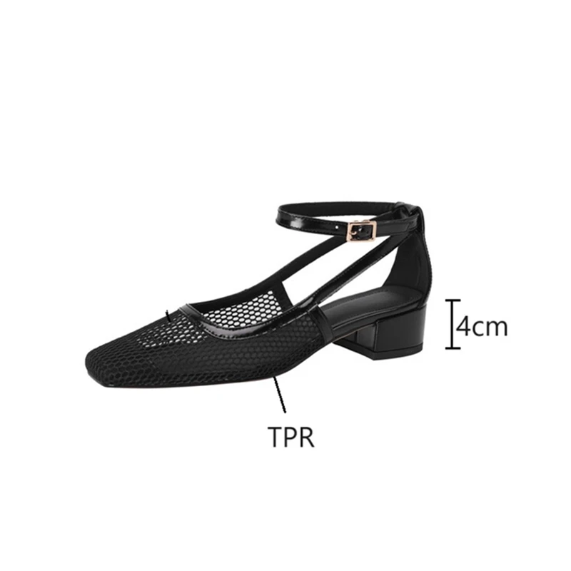 NEW Summer Women Sandals Square Toe Chunky Heel Shoes for Women Cover Toe Black Mesh Shoes Ankle Strap Cover Heel Modern Sandals