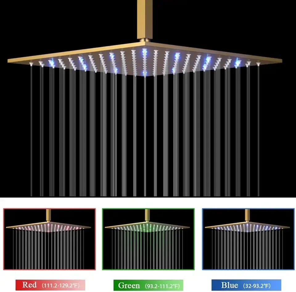 Matte Black Thermostatic Light Emitting Diode Shower Concealed Brass Rain Ceiling Shower System with Jet and Rain Spray Mode