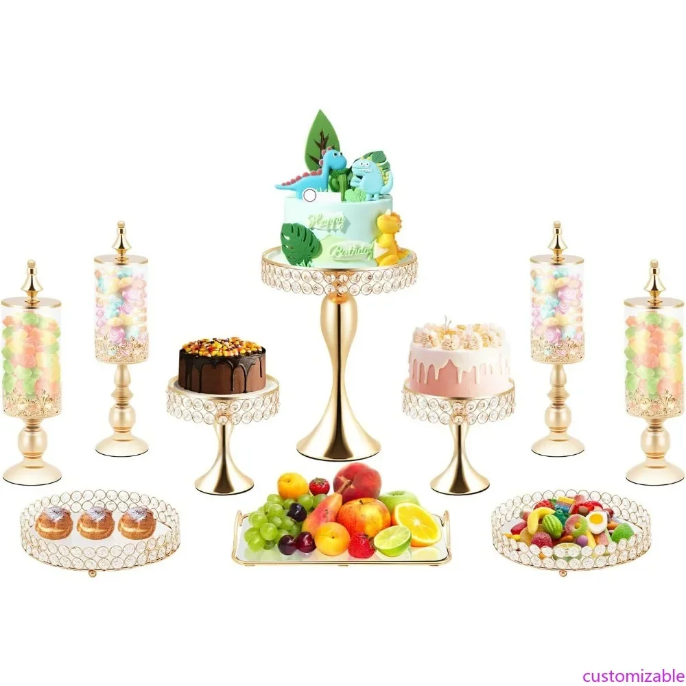 

Gold Crystal 10-Piece Cake Stand Set with Metal Cupcake Tray for Dessert and Fruit Display at Weddings and Afternoon Tea