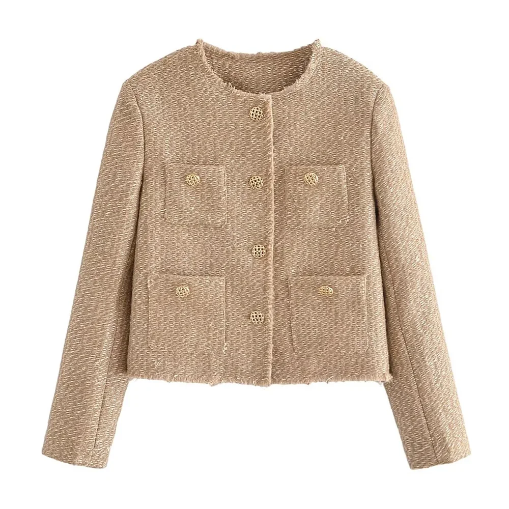 LIBIELIY 2025ZAR Spring/Summer New Women's Small Fragrant Style French Button Multi Pocket Decoration Coarse Spinning Jacket Coa