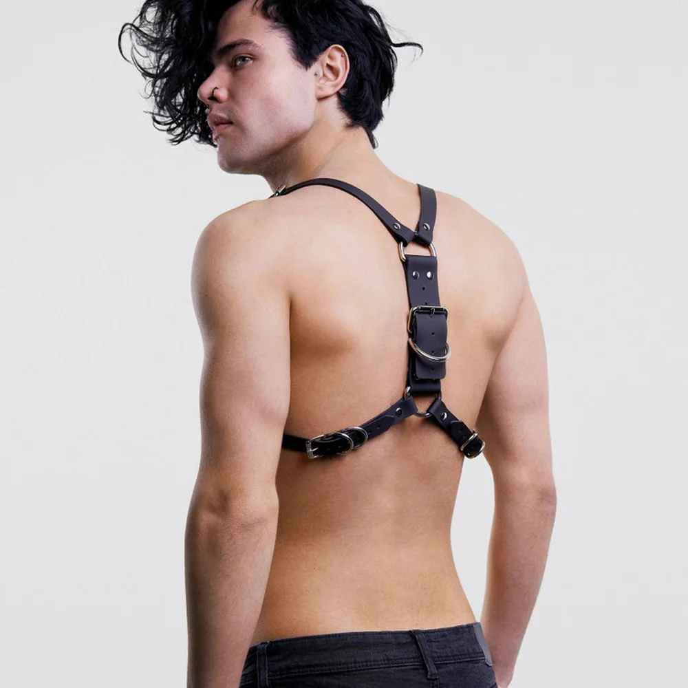 Gay Punk Sexy breast Harness Men Open-chested Genu Leather Harness Vest Starps Male Mature Leather Shoulder Belts Body Bondage view 2