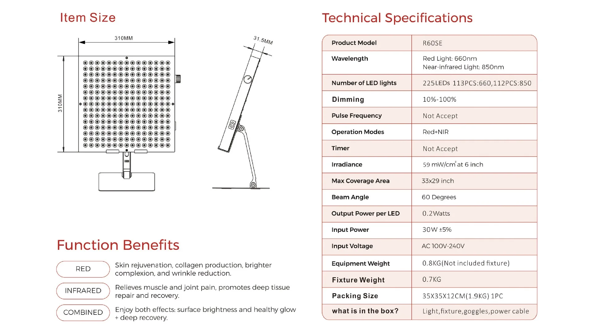 LED-Rotlicht-Panel 660 Nm Nahinfrarot 850 Nm Tischgerät mit Einstellknopf Infrarot-Beleuchtungsgerät für Schönheitsanwendungen – Detail 1