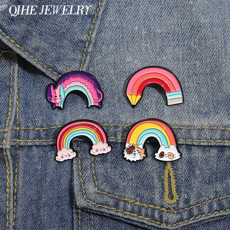 Cartoon Rainbow Pencils Dogs Cats Clouds Brooch Enamel Pins Cute Rainbow Brooches Clothes Lapel Badge Jewelry Gift for Friends