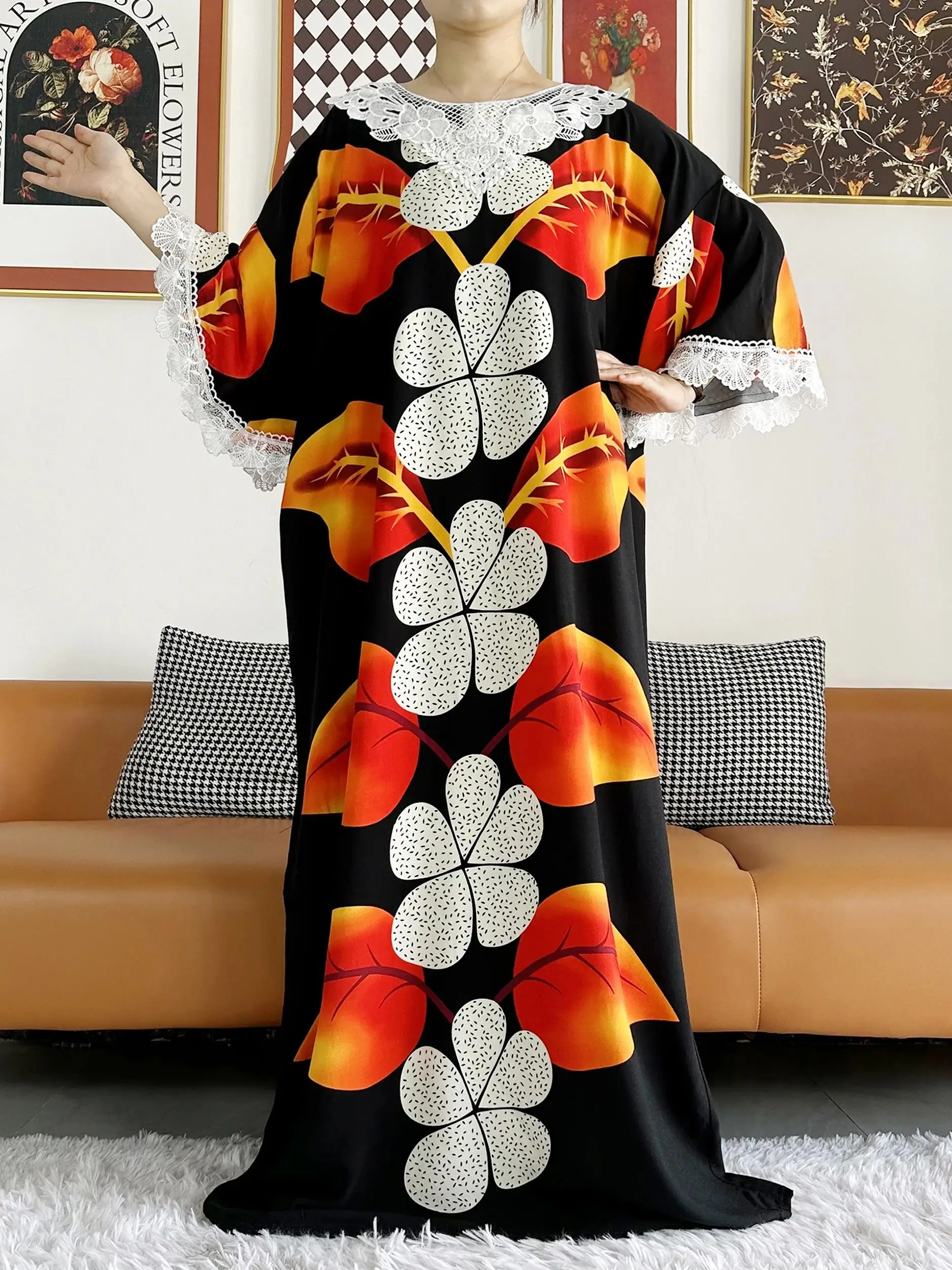 2024 New African Women Dashiki Dress Kaftan Abaya Summer Short Sleeve Dess Printed Floral Loose Women Casual Robe With Big Scarf