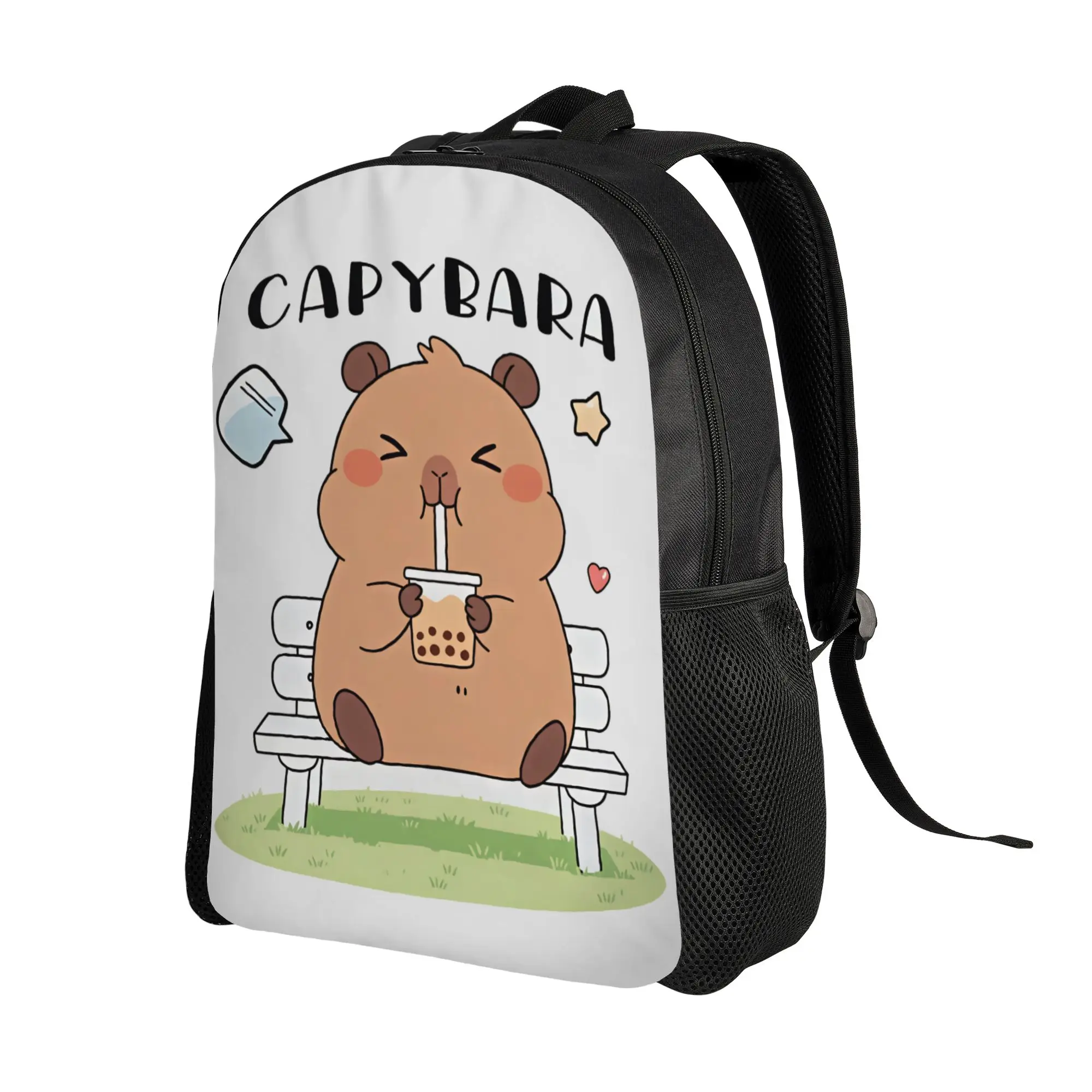 Capybara Sits On Bench Drinking Bubble Tea Cartoon Backpack  Daily Backpacks Women Men Streetwear High School Bags Big Rucksack