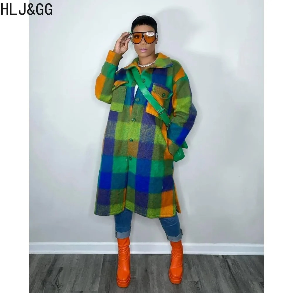 Hlj & gg Herbst Winter lässig Plaid druck lose Mantel Frauen Turndown Kragen Knopf Langarm Tops elegante Dame Kleidung