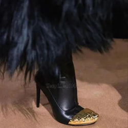 Botas de couro fosco para mulheres, sapato fino de salto alto, zíper traseiro, design dourado de cinco dedos, preto, moda nova, 2023