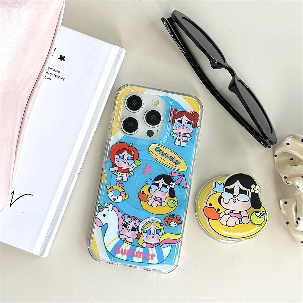 Korean INS funny cartoon girls phone case protection cover for iPhone 13 14 15 16 Pro Max Fundas cute Magnetic stand phone case