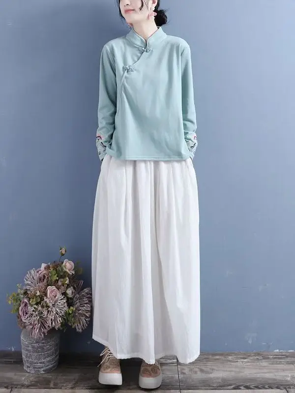 Camisa Casual Feminina de Veludo Dupla Face com Gola Alta Bordada e Aquecimento Automático para Cerimônia do Chá