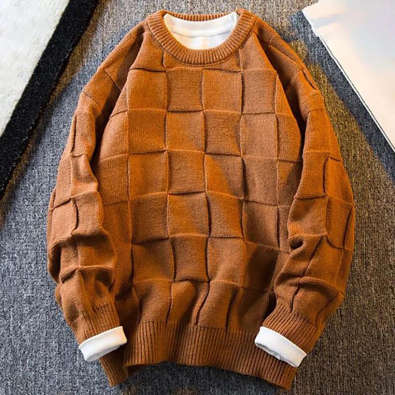 Men Block Plaid Vintage Short Knit Sweater O-Neck Fashion Korean Casual Thick Sweater Autumn Winter Male Warm Pullover Sweater