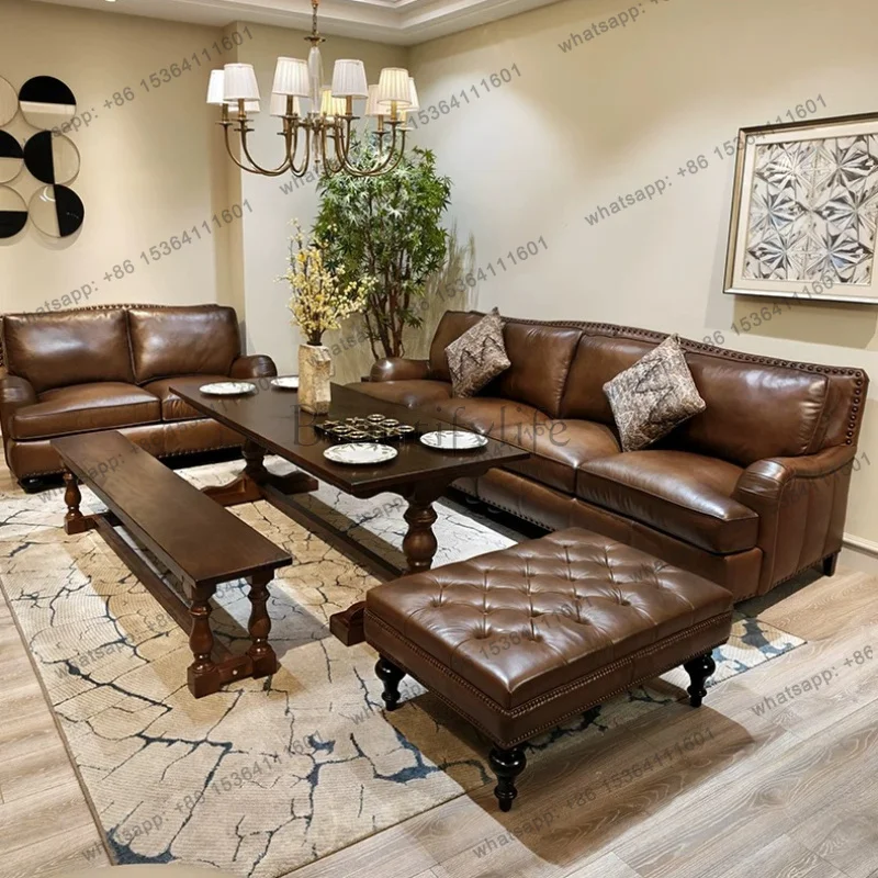 FG Deluxe American Oil Wax Leather Sofa Living Room Sofas And Seating Double Three Four Seat Couch Armchair Furniture For Home