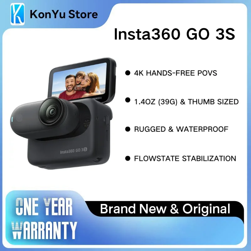 Insta360 GO 3S, Mini Cámara de Acción 4K, 39g Ultraligera, Portátil, Magnética, con Tecnología FlowState Antivibración, Resistente al Agua hasta 10m, Cámara para Vlogs