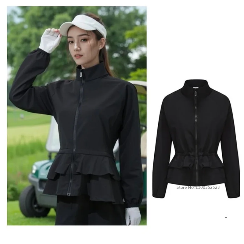 Women New Golf Jacket Fall/winter Turtleneck Waterproof Coats Ladies Long Sleeve Windproof Trench Coat Ruffle Pleated Outerwear