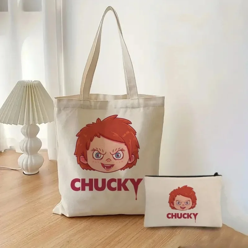 2pcs/set Chucky Women\'s Printed Handbag Cosmetic Organizer Fashion Canvas Shoulder Bag Eco-friendly Large Capacity Shopping Bag