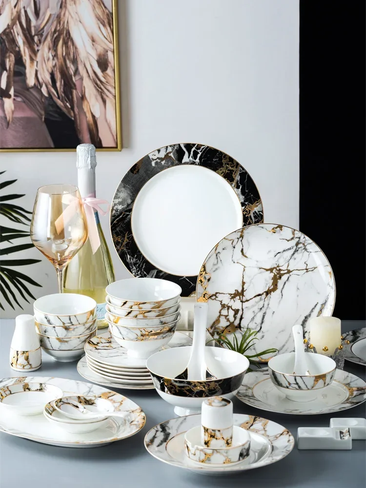 

High-End Bowl and Dish Set Household Nordic Golden Trim Marble Dishes and Bowls of Bone China Tableware