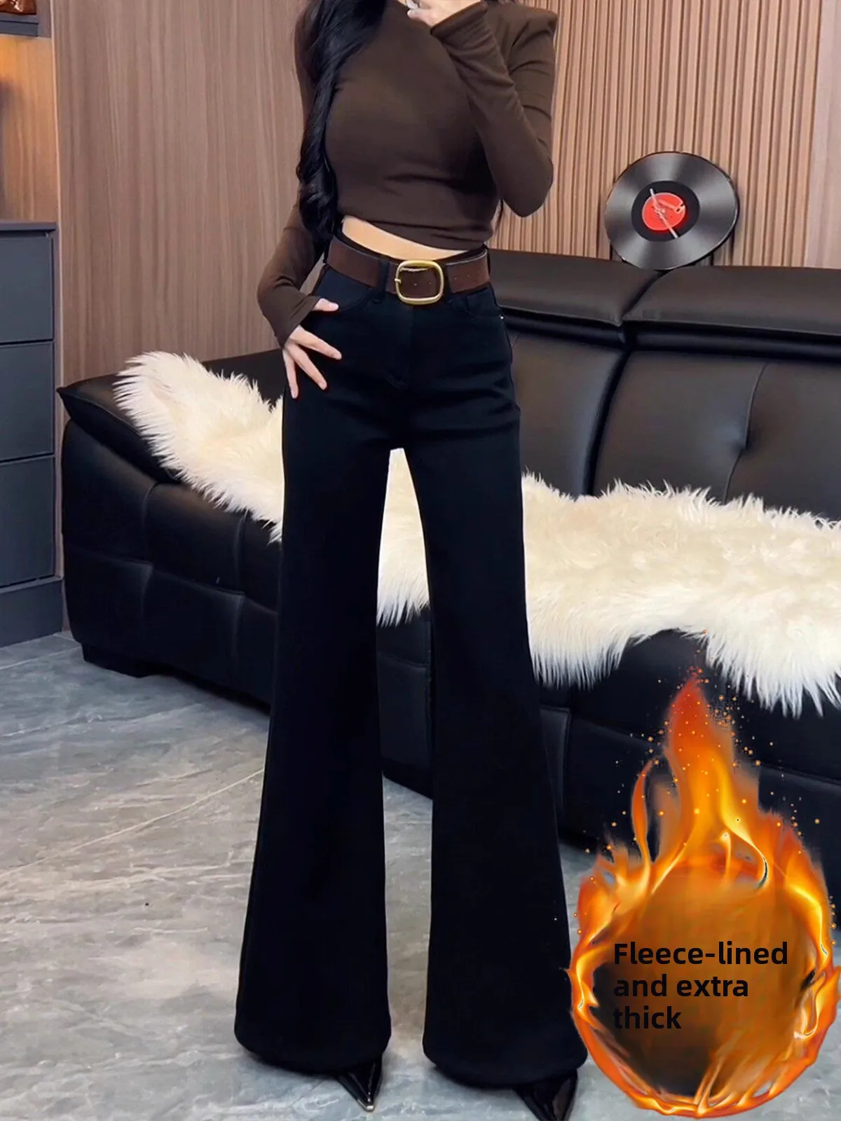 

Bla Fce Lined Micro Flared Jeans Women's Slimming Elastic Spring New Sle High Waist ket Detail Casual Long Pants