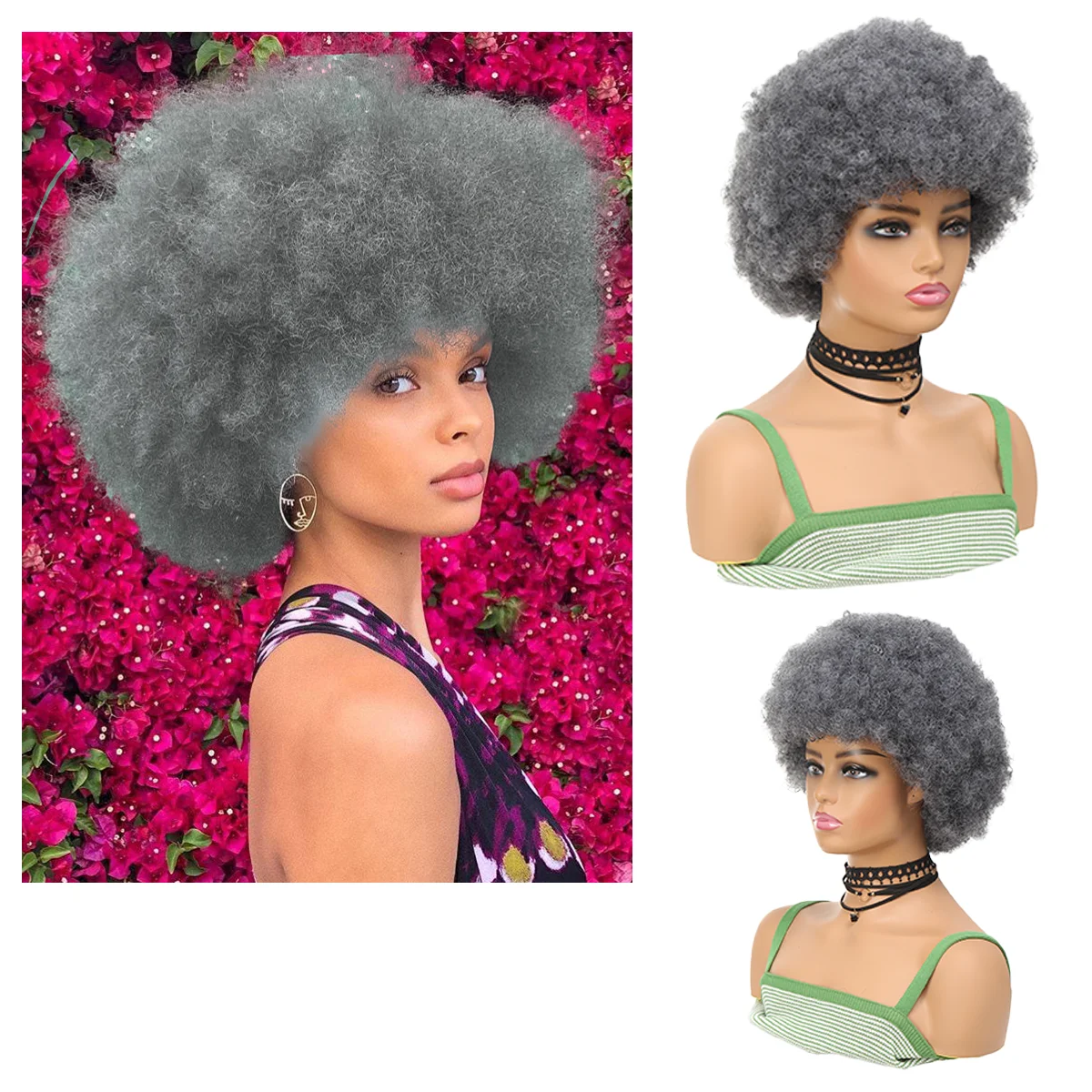 

Synthetic women's fashionable African small curly hair explosive head, no glue synthetic band bangs, fluffy full wig women's wig