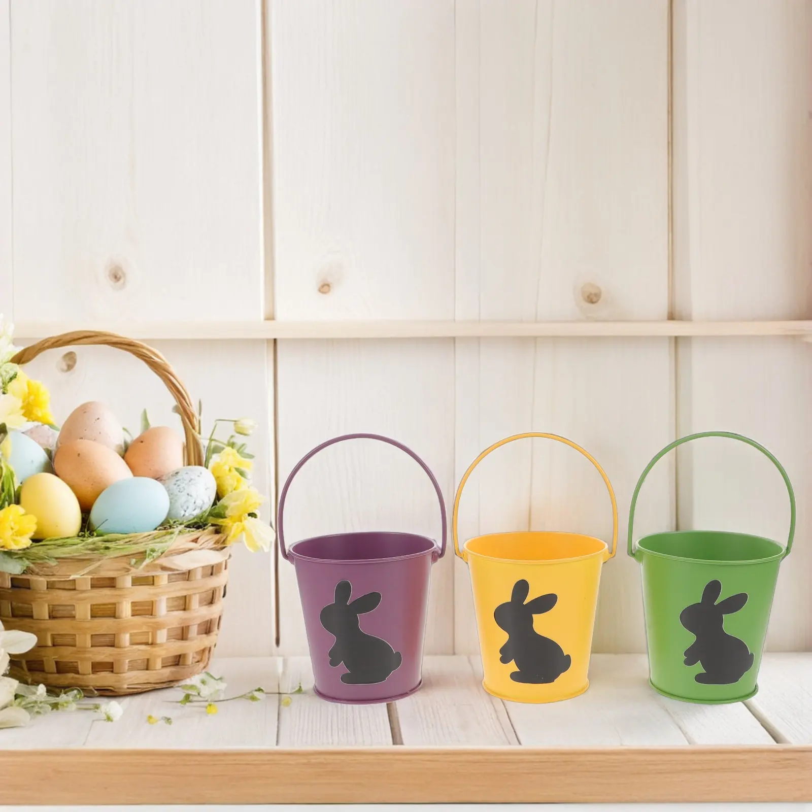 3Pcs Colorful Candy Buckets Mini Metal Trash Cans Bunny Storage Pails Sturdy Iron Reusable Easter Egg Hunt Baskets Spring Party