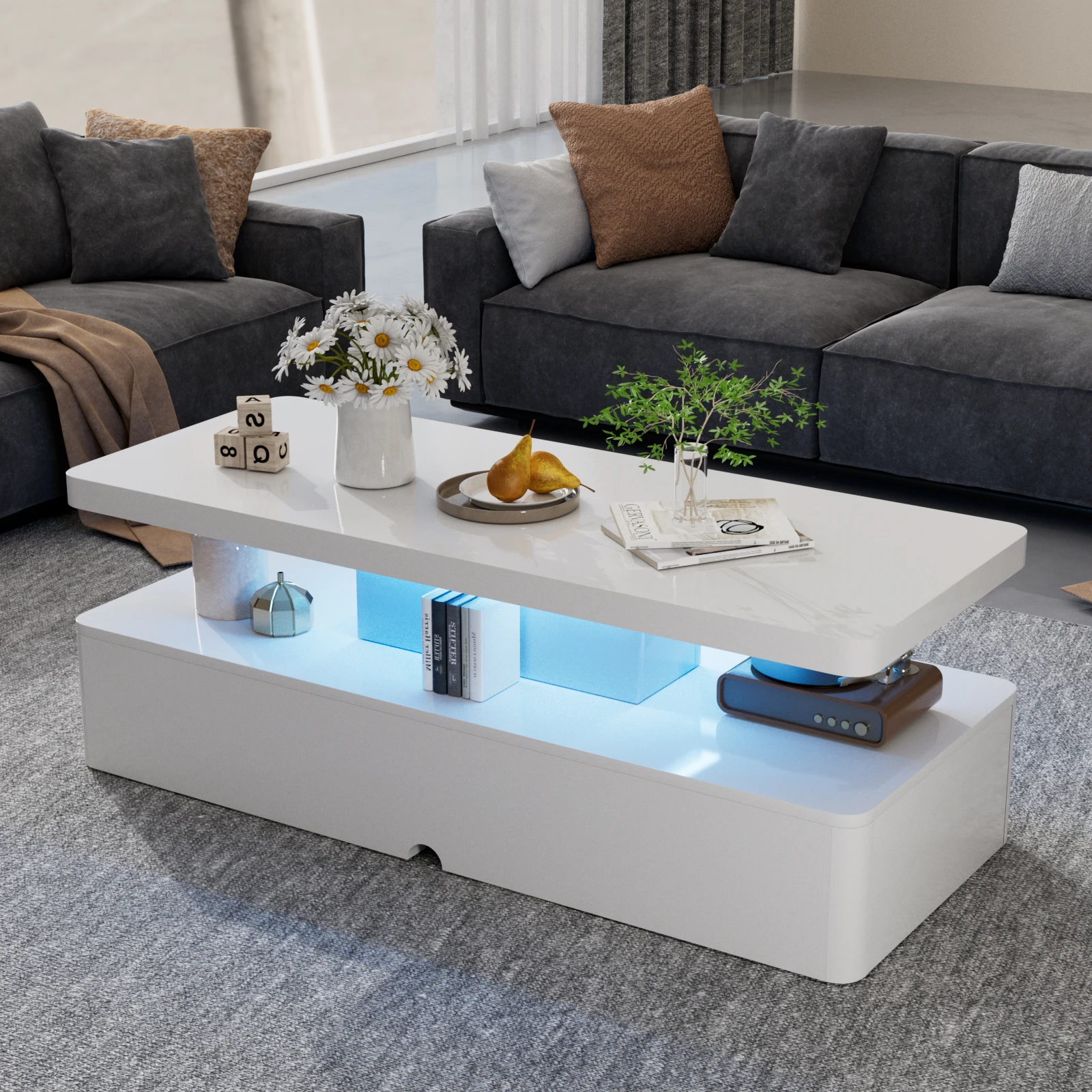 Table basse moderne avec lumières LED, 16 couleurs, design double couche, blanc, salon