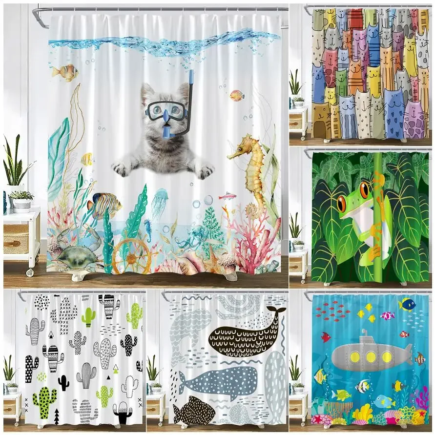 Funny Animals Shower Curtains Cartoon Diving Cat Dog Panda Ocean Fish Scenery Children Bathroom Decor Fabric Bath Curtain Sets