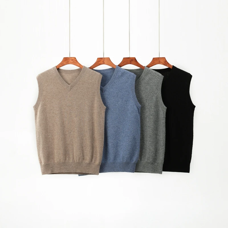

Мужской жилет из 100% кашемира, деловой повседневный стиль, вязаный, без рукавов, с V-образным вырезом, свободный крой, пуловер, свитер из кашемира