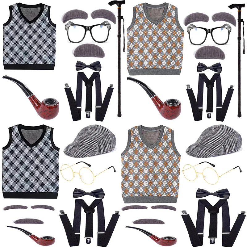 Kids 100 Days of School Costume for Boys Child Halloween Old Man Costume Hat Glasses Grandpa Vest Grey Wig Set Cosplay Outfit