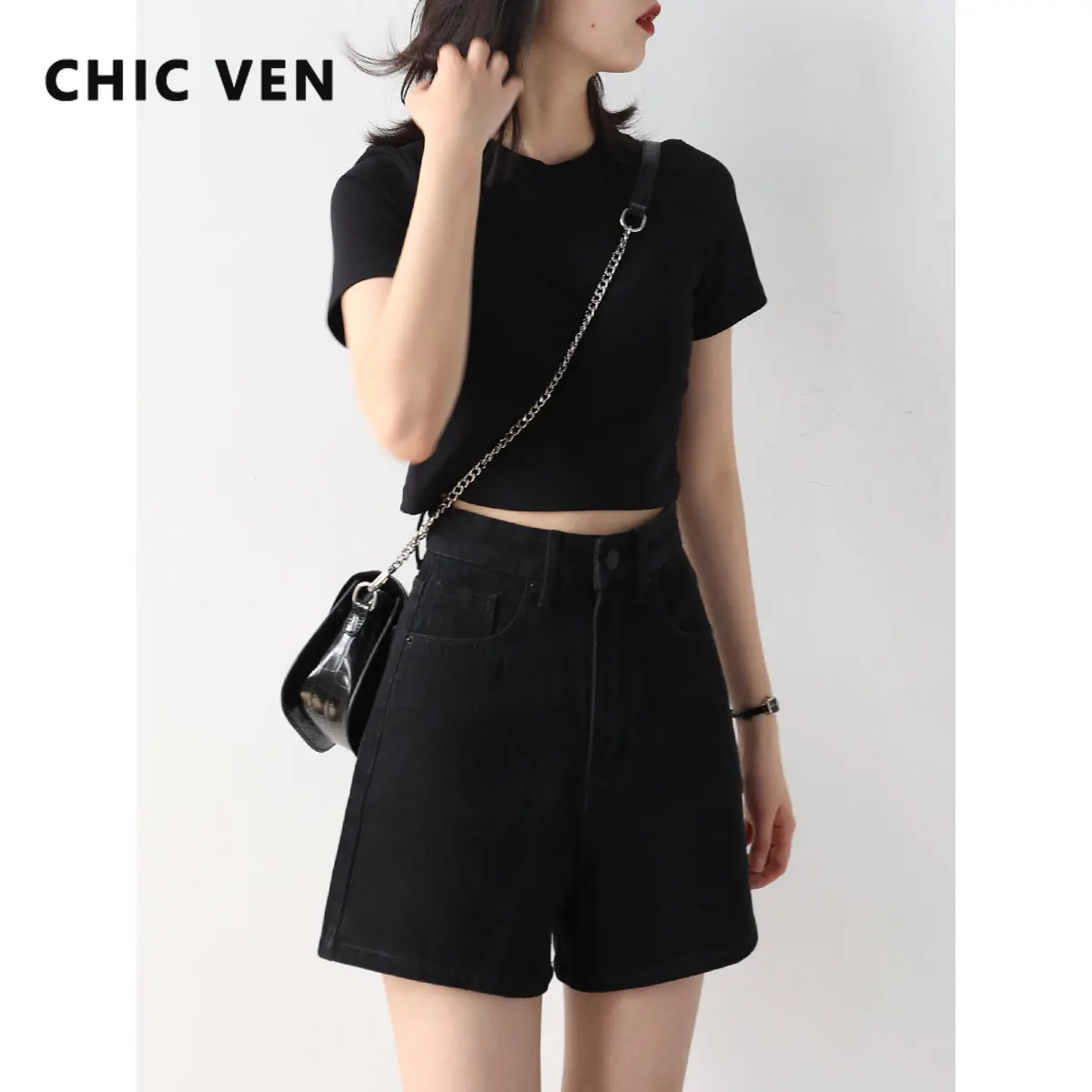 CHIC VEN Women\'s Shorts Vintage High Waisted Wide Leg Pants A-line Denim Short Pant for Woman Female Summer Multiple Colors 2023