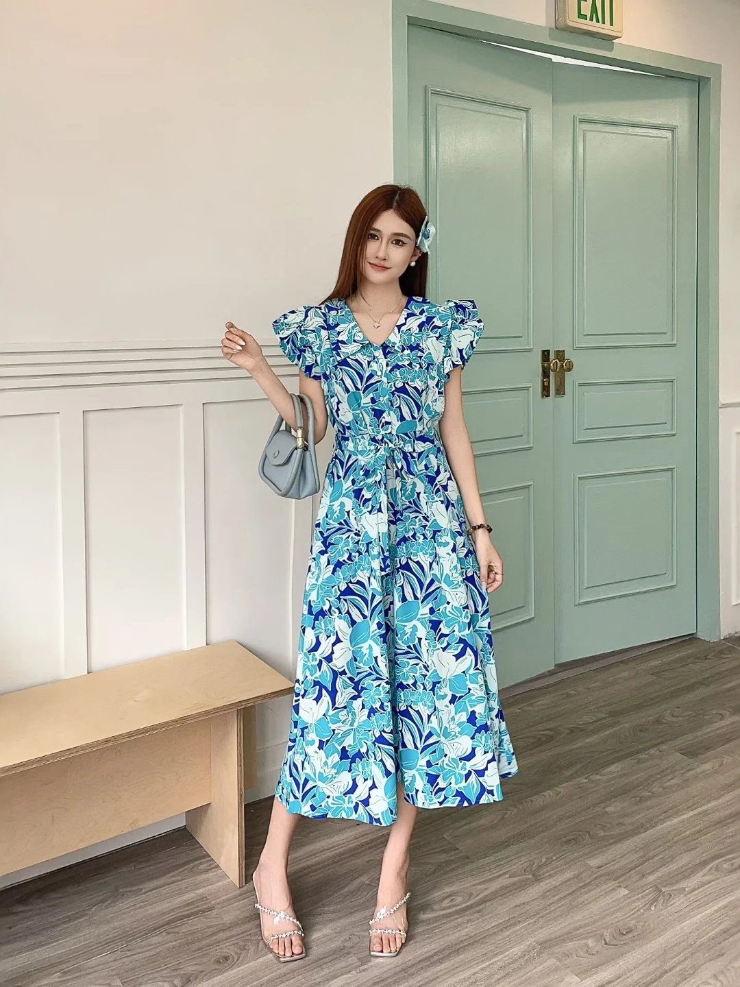 Dopamine Style Floral Print V-Neck Dress Women's Summer Slimming Long Dress Elegant Waist-Cinching Fashionable LQ682
