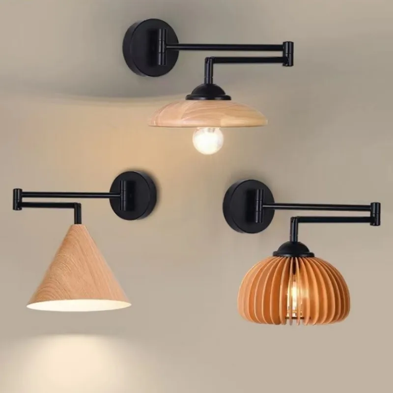 Japanese Retro Wall Lights Nordic Bedside Lamps Extendable Folding and Stretching Arm Creative Wooden Long Arm LED Wall Lamps